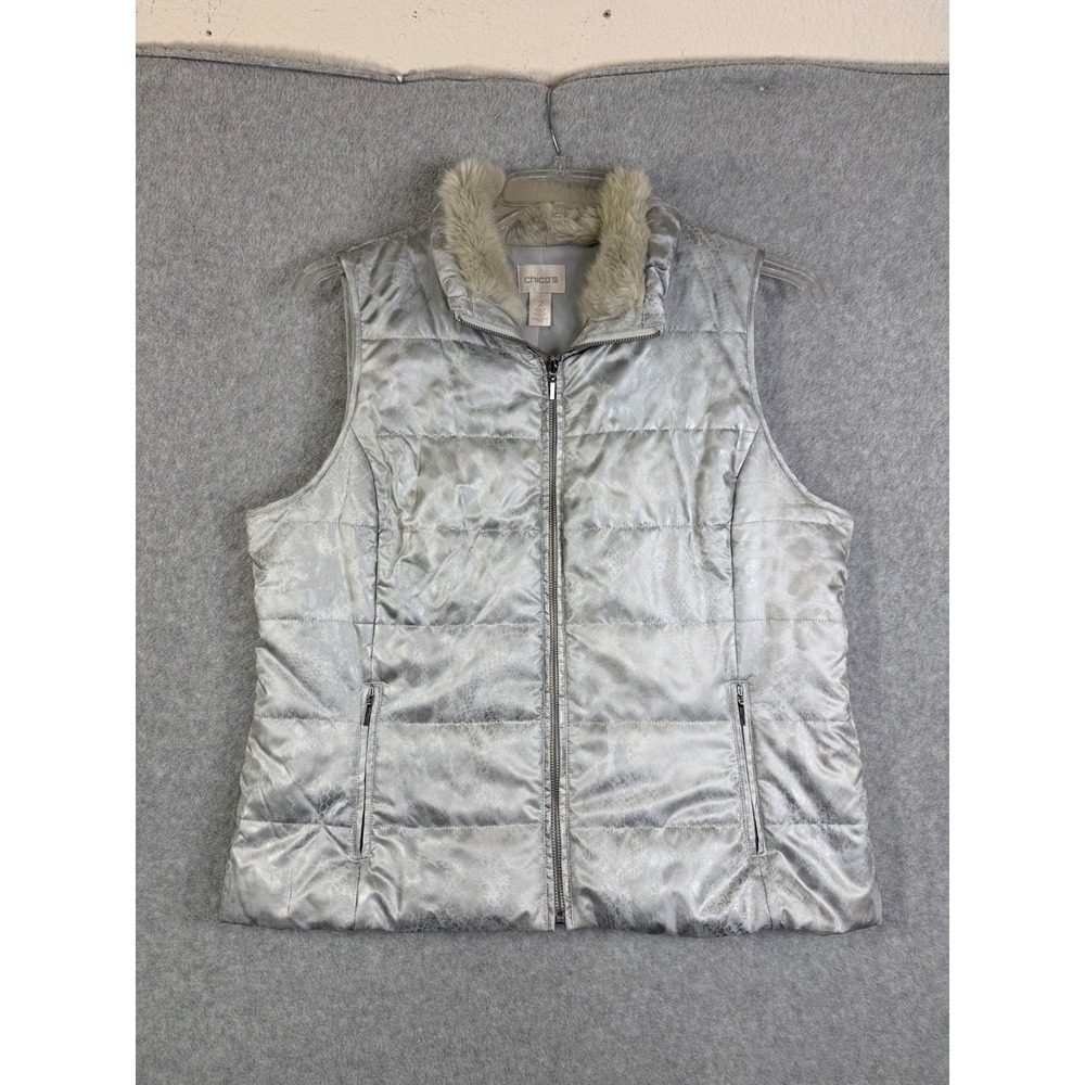 Chico's Puffer Vest Women 2 (Sz 12) Silver Faux Fur Collar Metallic Animal
